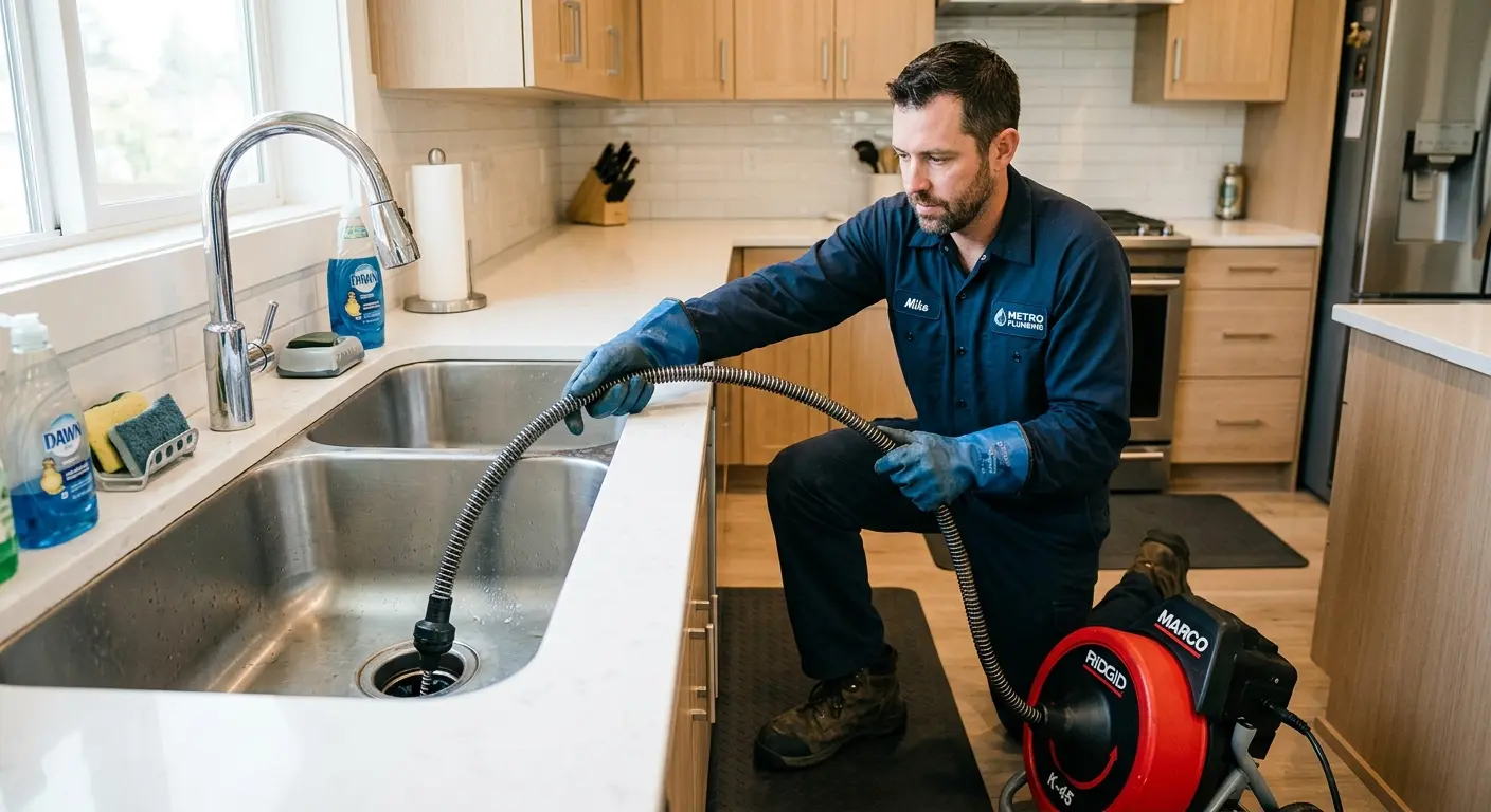 Drain cleaning technician using a motorized snake on a kitchen sink in Blue Ash