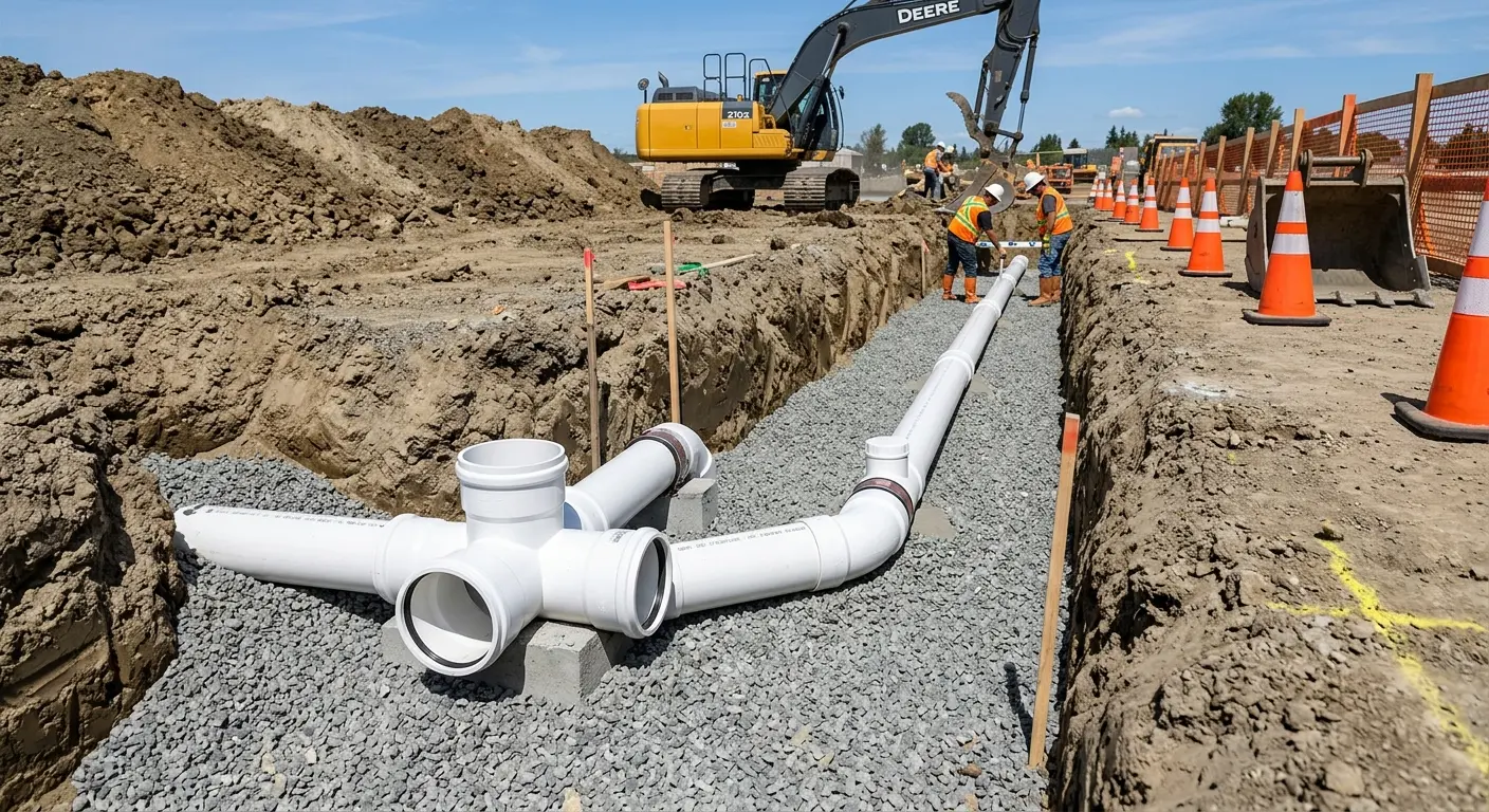 New PVC sewer pipe installation in open trench for Commercial Drain Cleaning in Blue Ash
