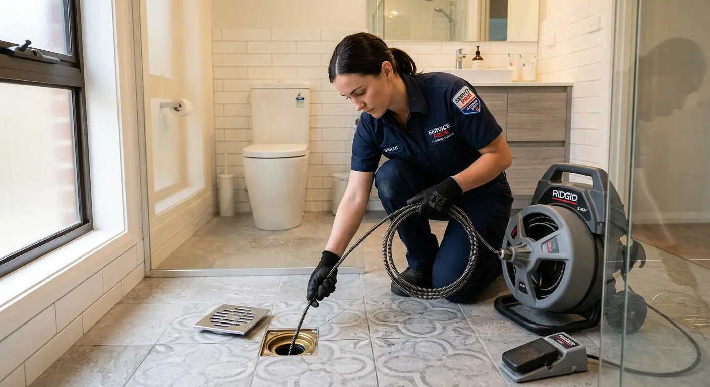 Technician clearing a bathroom floor drain for Clogged Drain Repair in Blue Ash